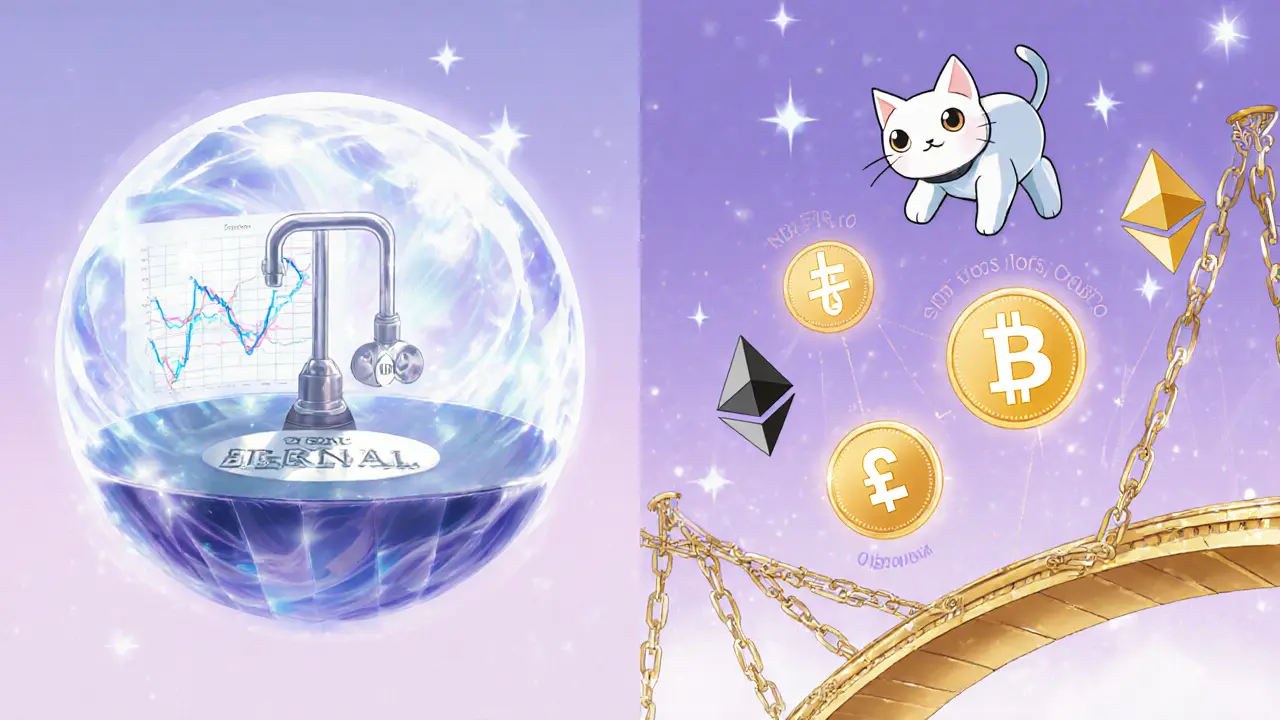 Magical artifacts showing SparkDEX perpetuals lever, cross‑chain bridge, and AI order symbols.