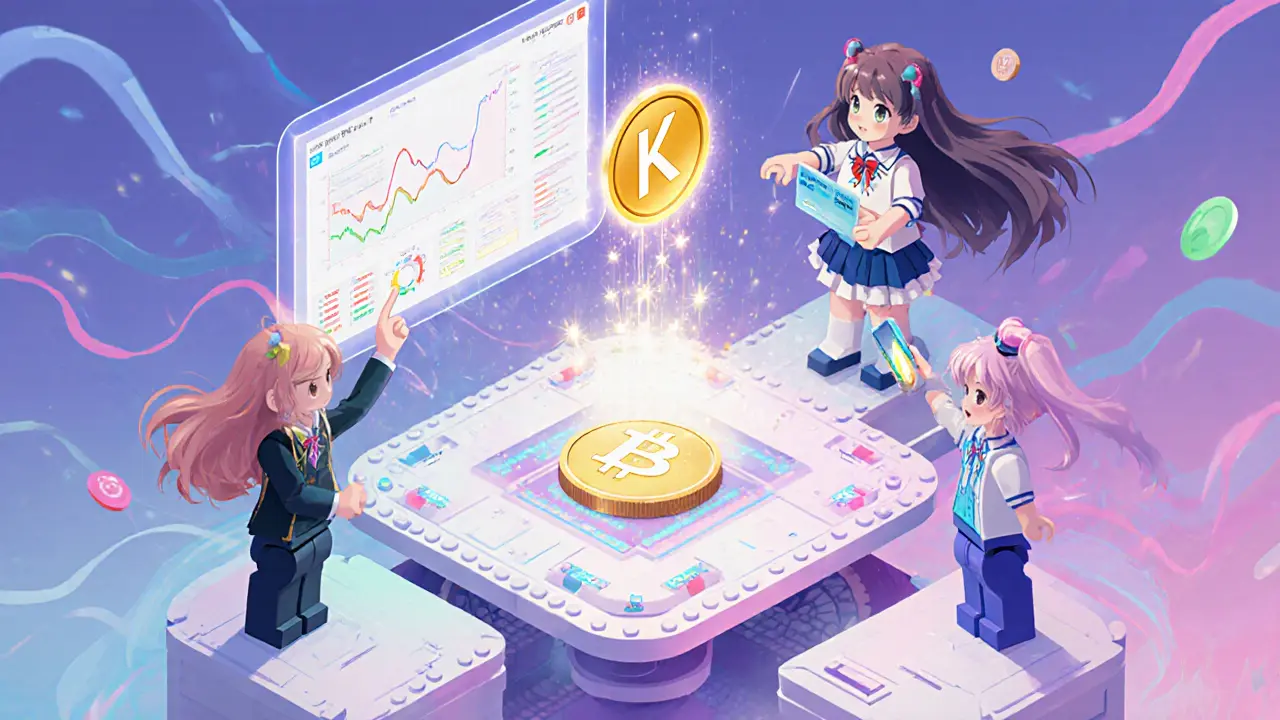 Three characters using a modular crypto dashboard, KLK token, and virtual IBAN.