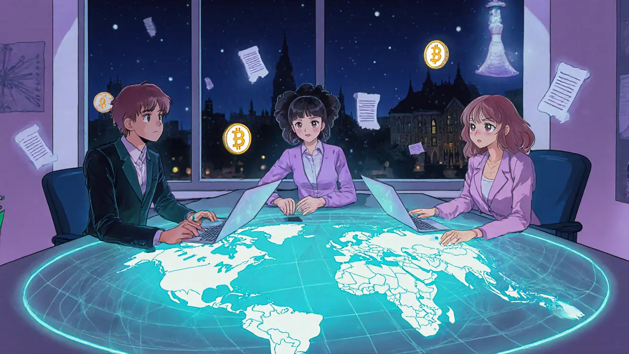 Young innovators in a holographic office track global stablecoin flows to North Macedonia.