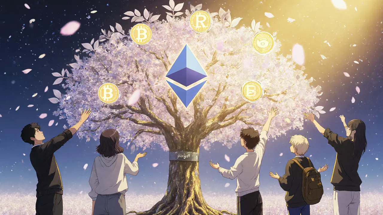 A blockchain tree with CPR tokens as leaves, people reaching toward it under golden light.