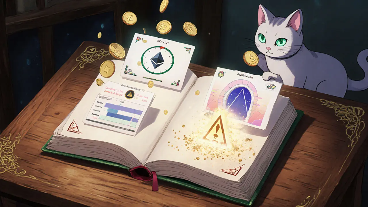A magical spellbook transforms into DeFi interfaces with DCA timers and cross-chain portals, watched by a glowing-eyed cat.
