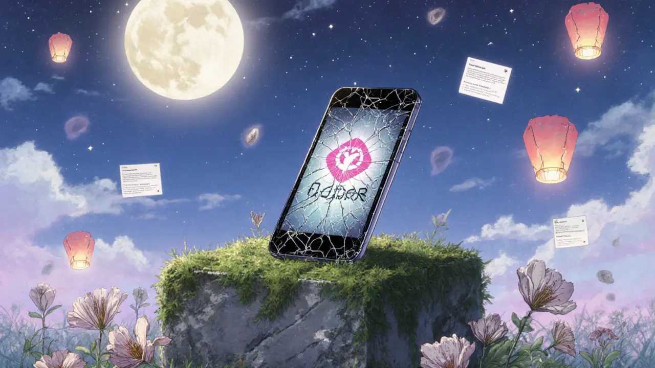 An abandoned smartphone displays a fading Cipher logo, surrounded by drifting digital petals.
