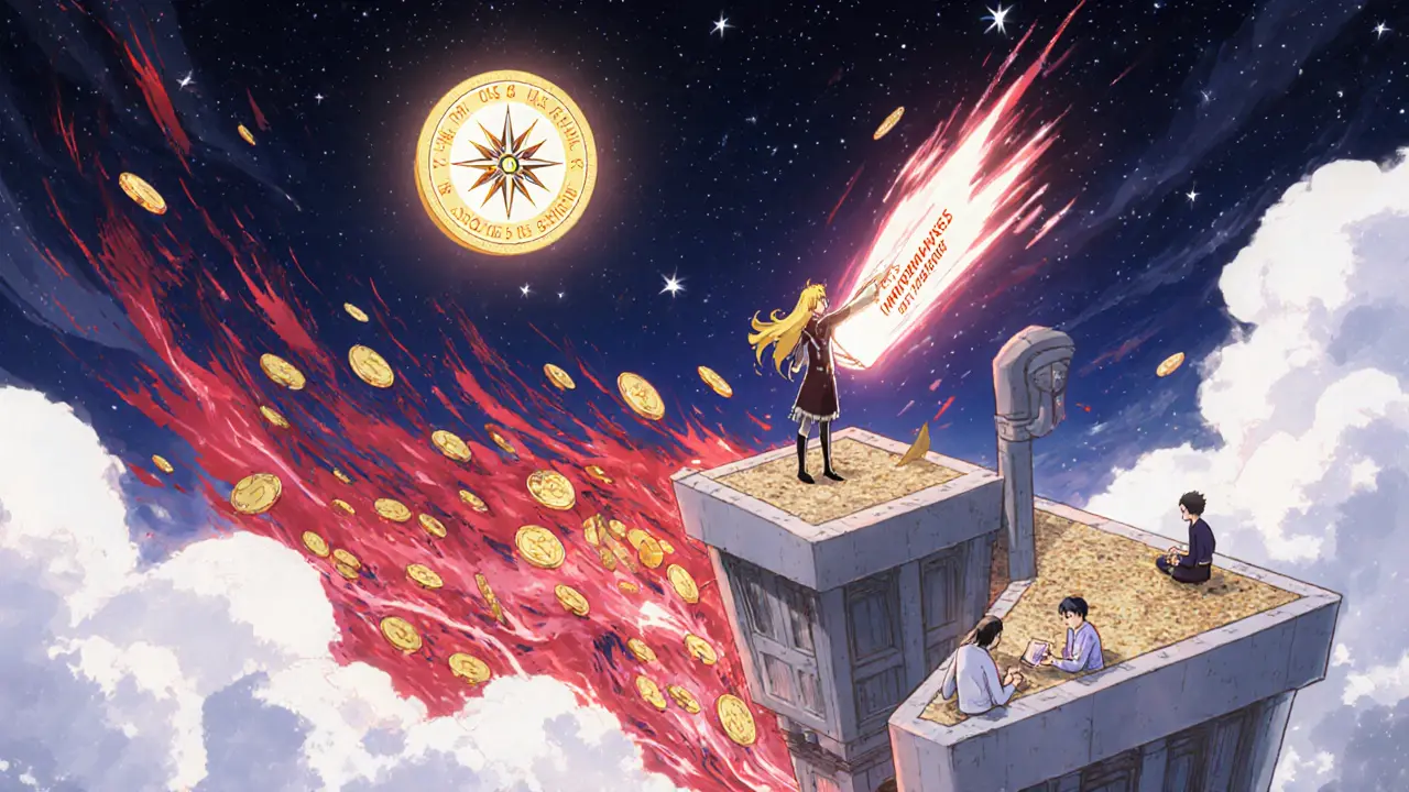 An investor stands on a blockchain tower as a storm of tokens swirls outside their narrow price range, with SUSHI glowing above.