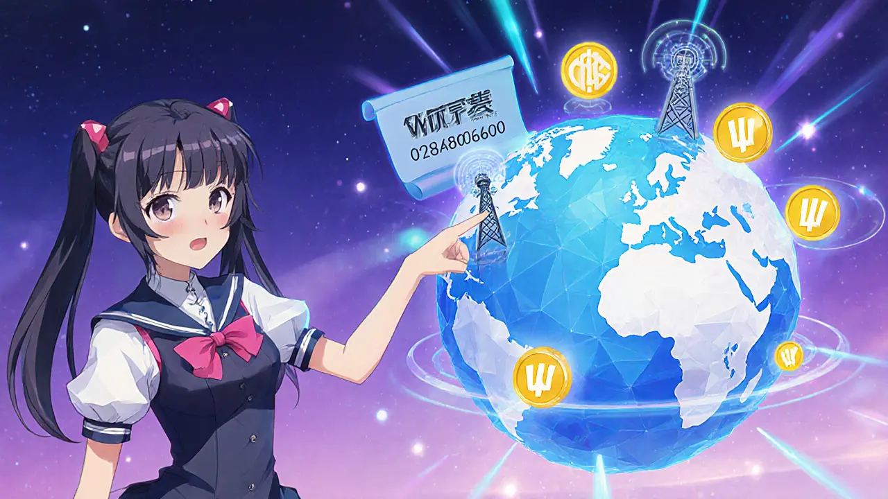 Anime character points at a glowing network map with Wi‑Fi hotspots and floating WNT tokens.