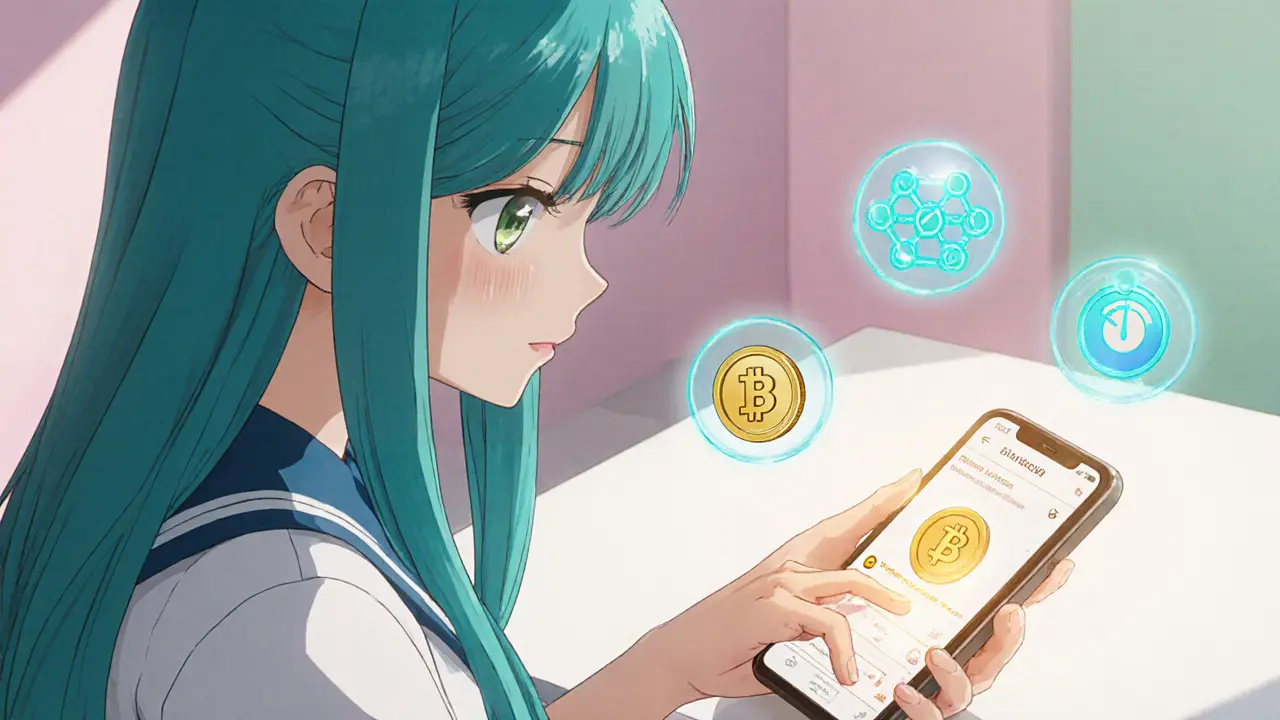Anime character setting up a Trust Wallet with glowing BNB coins on a desk.