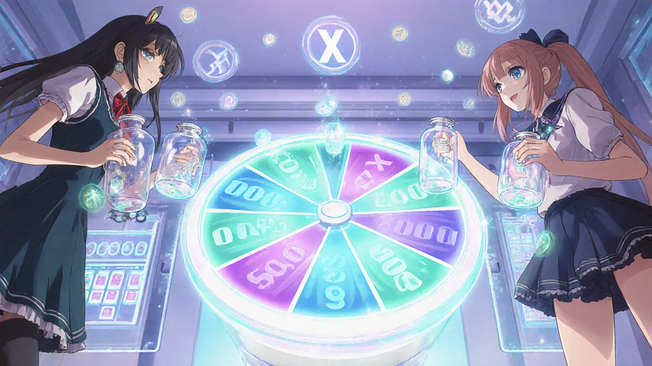 Anime characters pouring MX tokens into a crystal ballot wheel capped at 500,000 MX.