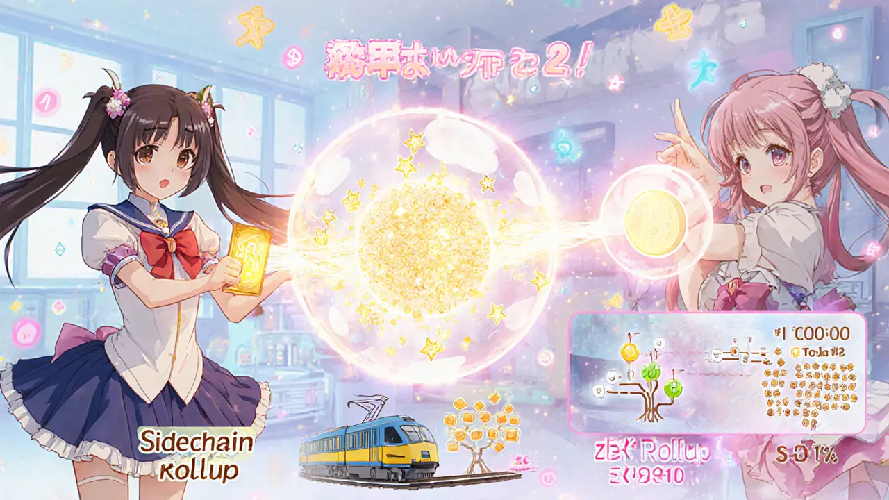 Anime characters use enchanted cards to illustrate state channels, optimistic rollups, ZK rollups, sidechains, and plasma.