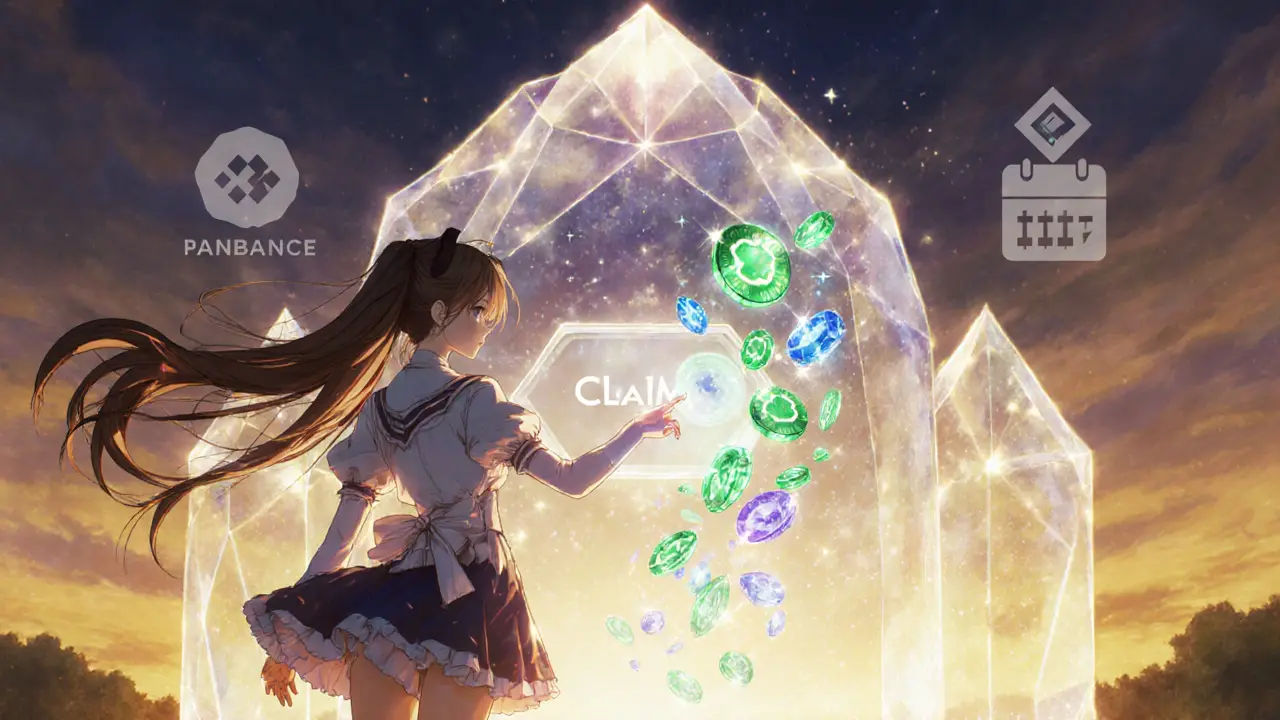 Anime hero claiming glowing BRY token crystals from a holographic portal.