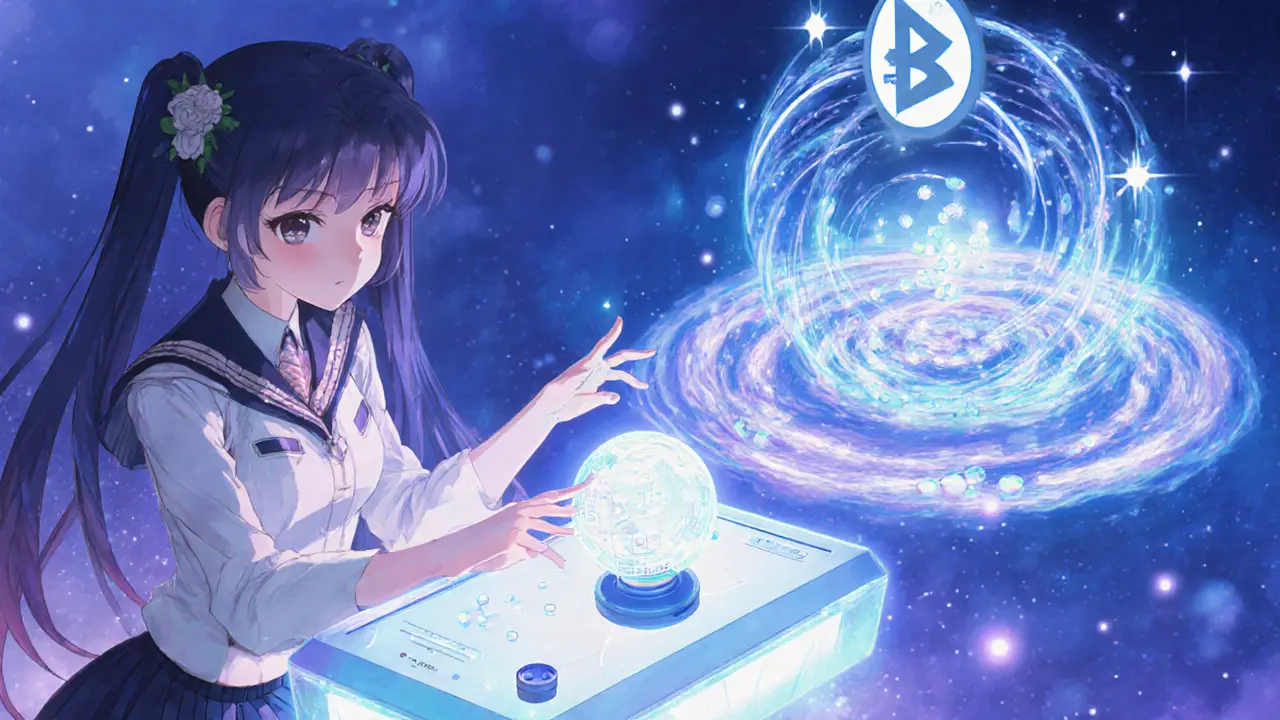 Anime heroine using a holographic wallet to bridge ETH and swap for BRETT on Uniswap.