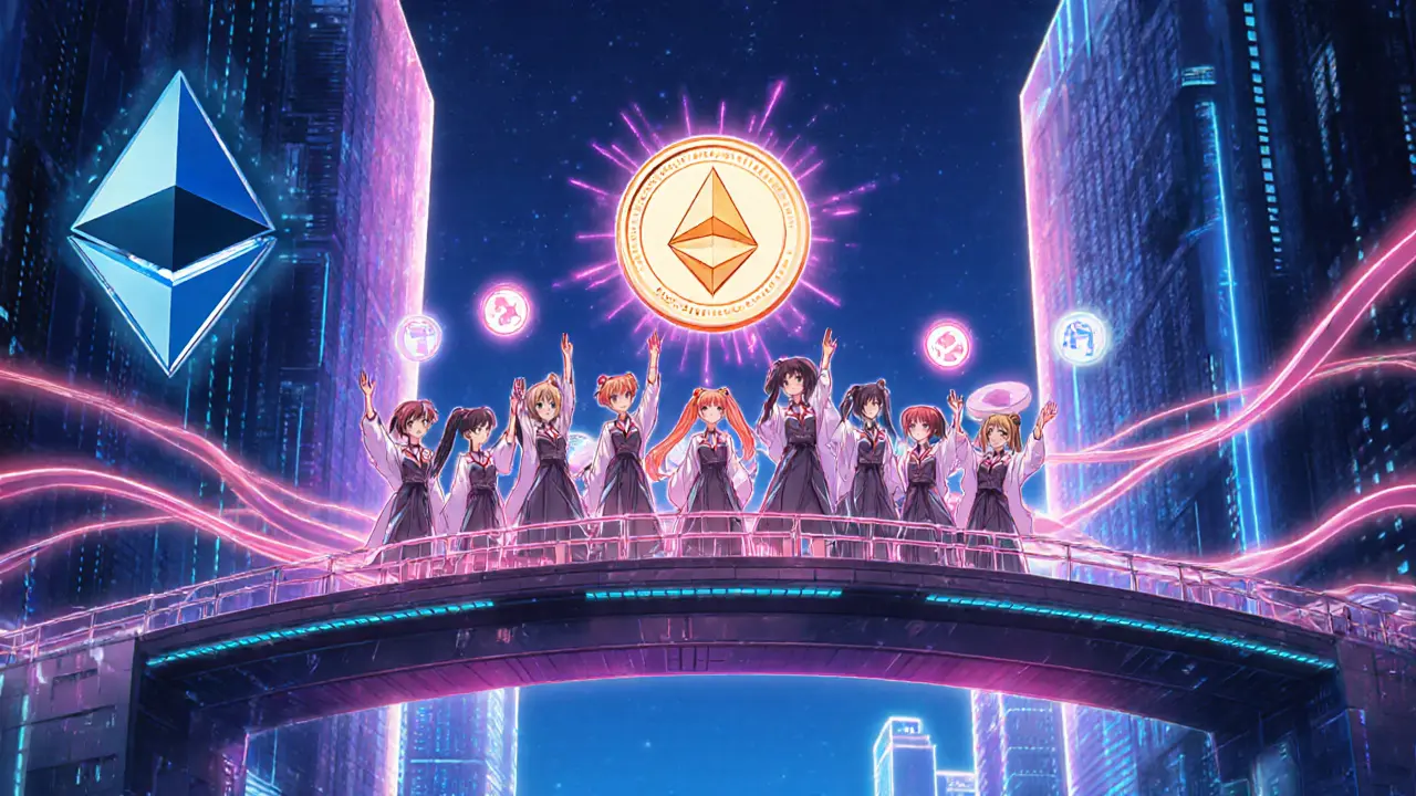 Anime scene of a futuristic bridge with data streams and characters voting in a glowing council.
