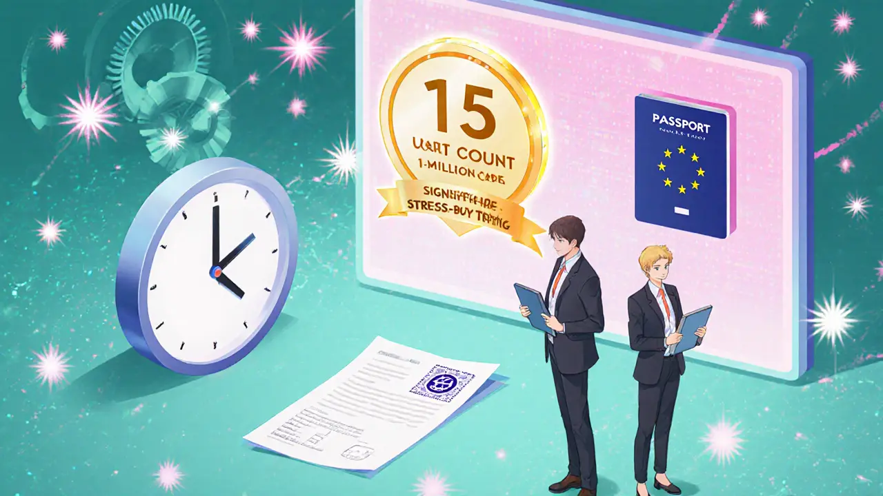 Crypto exchange floor with user count over 15 million, stress‑test clock, auditors and EU passport stamp.