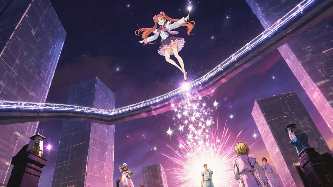 Futuristic skyline with glowing bridges shows hybrid rollups and watchtower spirits overseen by a magical girl.