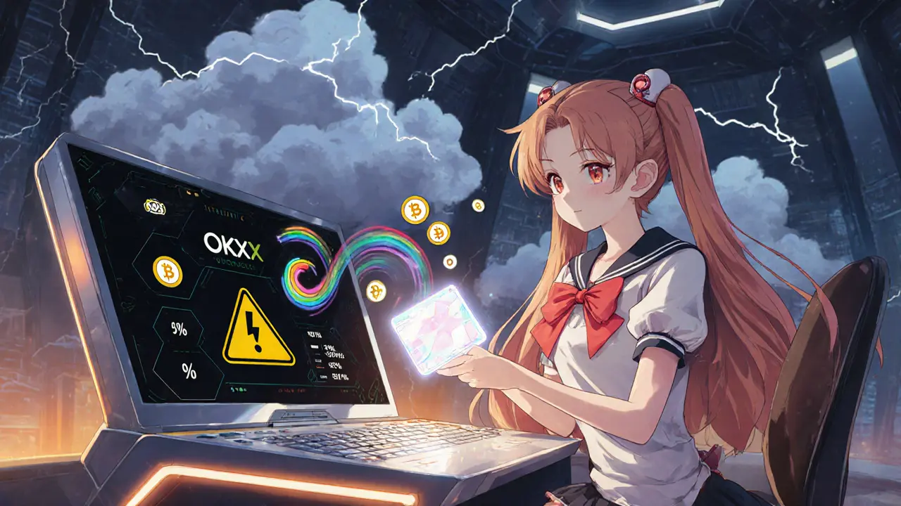Girl at a futuristic console connects a wallet, with OKX and DEX icons and stormy risk backdrop.