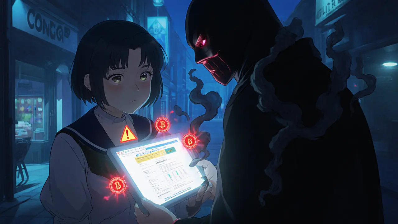 Girl confronts masked scammer with fake CoinEgg site and red warning seals in a dark alley.