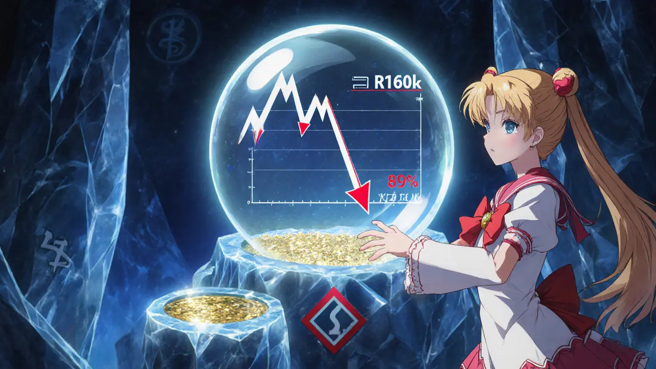 Girl gazes into a crystal ball showing a steep XMOON price plunge and tiny liquidity pool.