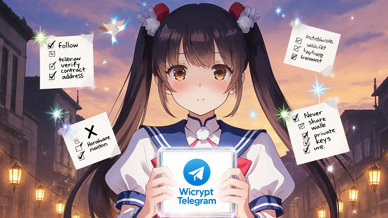 Girl holds a crystal tablet showing Telegram, X, and a hardware wallet with a checklist.