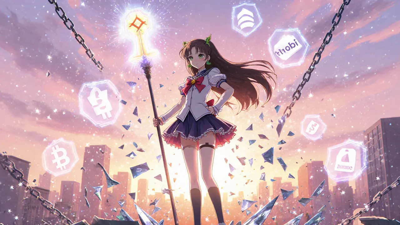 Girl on rooftop wields magical staff, breaking digital chains as safe exchanges glow.