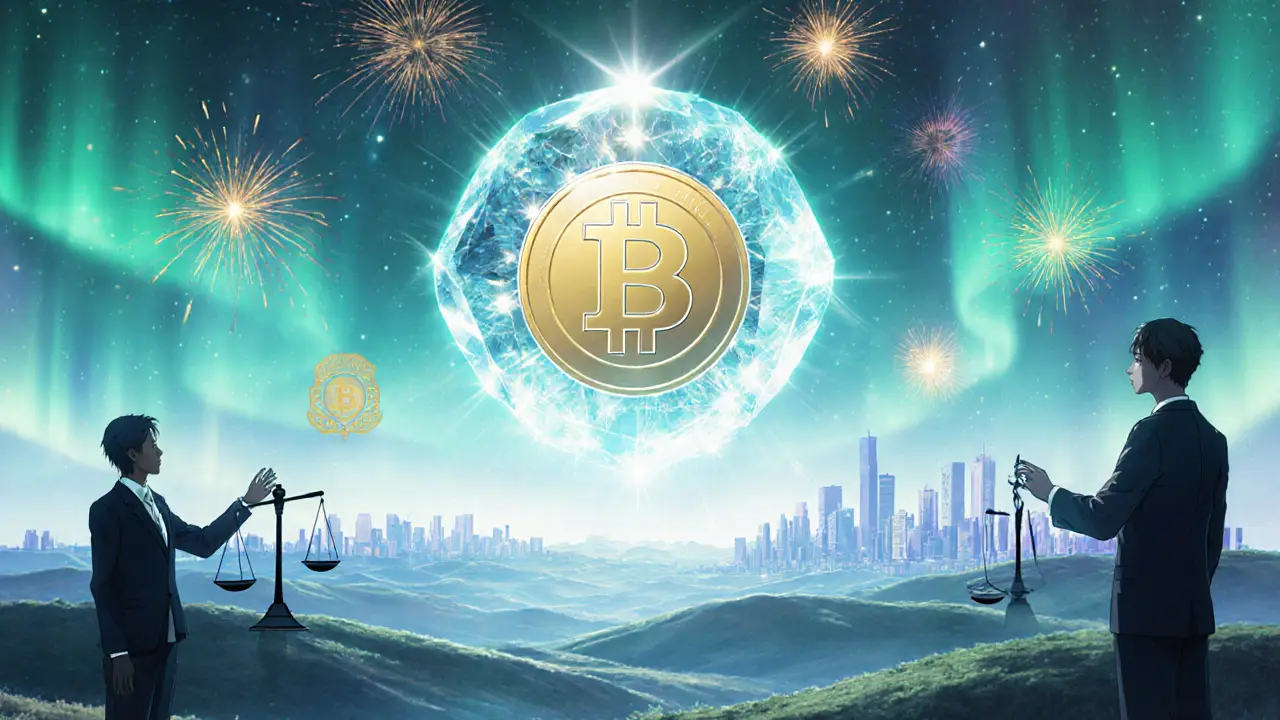 Glowing ARB crystal surrounded by digital fireworks and silhouettes of regulators and businesses.