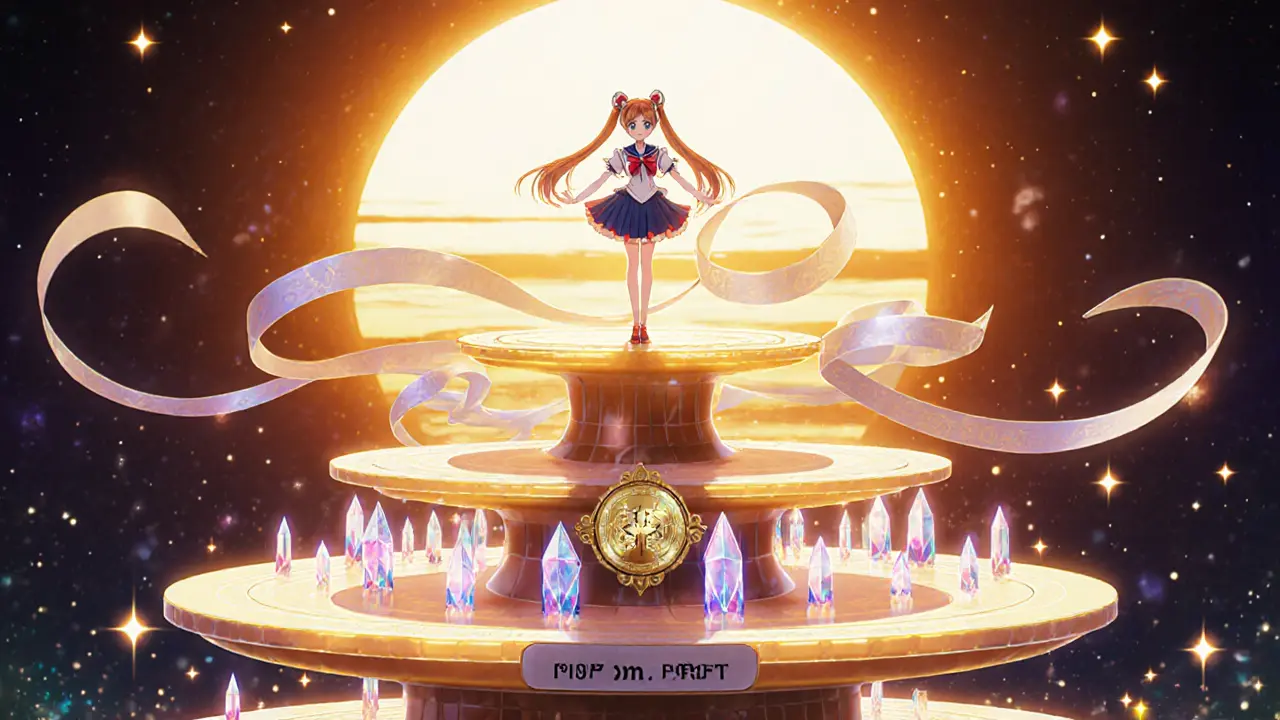 Heroine atop a tower illustrating Layer‑2, sharding, and hybrid consensus with sunrise background.