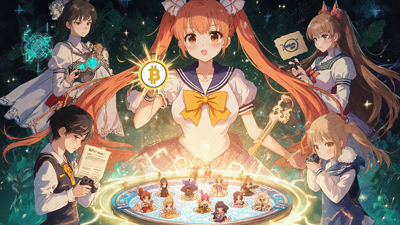 Heroine with BRKL token unlocking a portal of game avatars and DAO symbols in a vibrant setting.