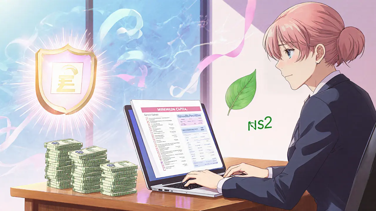 Office desk with euro piles, laptop showing compliance screens, shield and leaf icons.