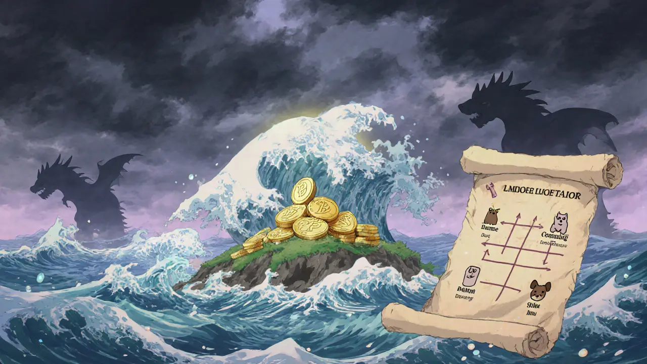 Small BRETT coin on a stormy sea representing volatility, with a roadmap scroll and zero‑tax halo.