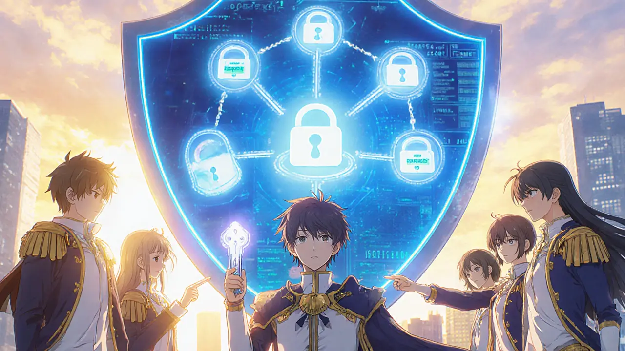 Team of guardians protecting a holographic shield with hardware keys and security dashboard.