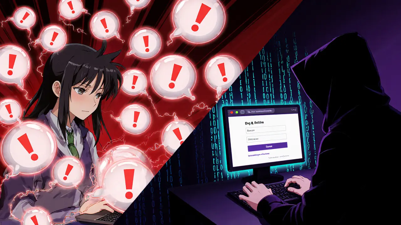 Teenage user bombarded by push notifications while a shadowy hacker intercepts the login.