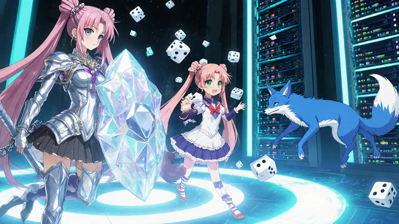 Three characters personify Solana, Polygon, and Avalanche with orphaned block shards floating nearby.