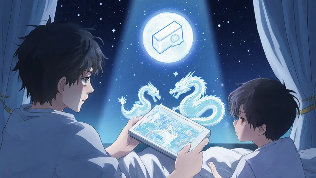 A boy and his nephew play Dragonary on a tablet, a CYT token glows above them at night.