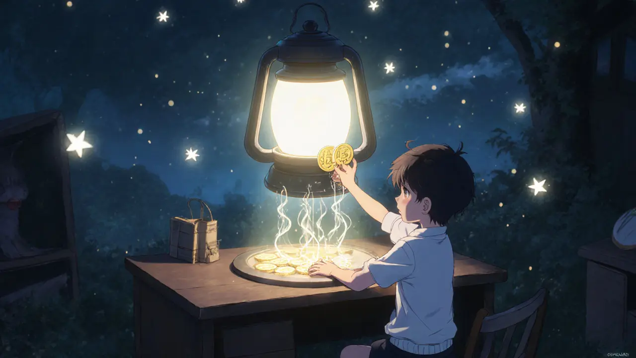 A boy places THOREUM tokens into a glowing staking lantern as BNB and bonus tokens rise like fireflies at night.