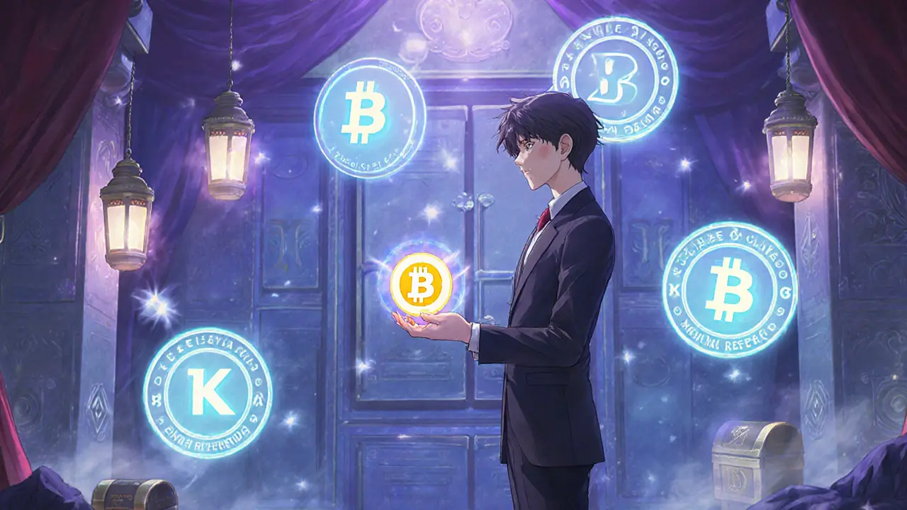A broker handing a glowing GEL coin to a user in a mystical OTC room with security seals and glowing vaults in the background.