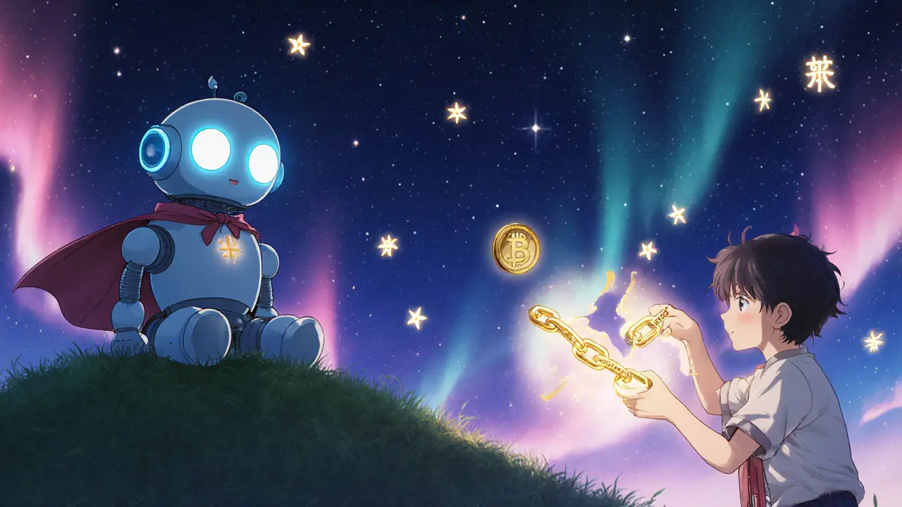 A child validator robot mends a broken chain with help from a glowing insurance hand at night.