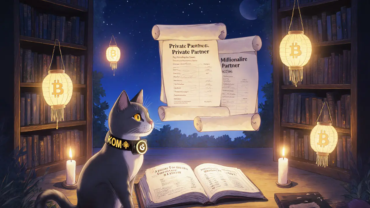 A cozy library interface shows revenue payout ledgers and a cat beside a user reading about earning from KOM staking.