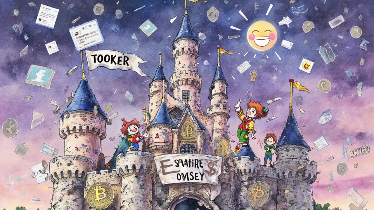 A crumbling TOOKER castle made of crypto symbols fades under a sky of dying viral tweets and a laughing emoji sun.