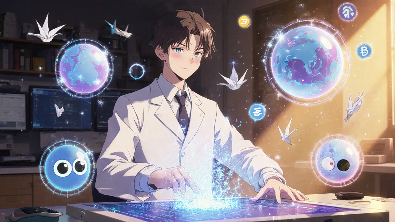 A developer deploys a smart contract as AI guardians freeze suspicious transactions with sparkling effects.