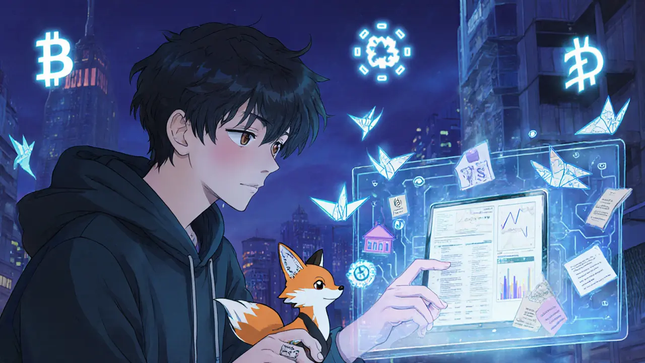 A developer interacting with a holographic AI contract analyzing financial data, surrounded by paper crane-like documents.