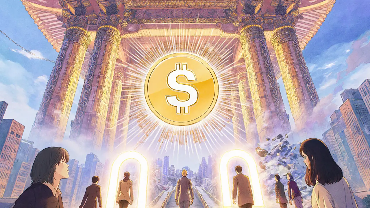 A digital temple made of Bitcoin and Ethereum holds the H1 token as verified users enter safely.