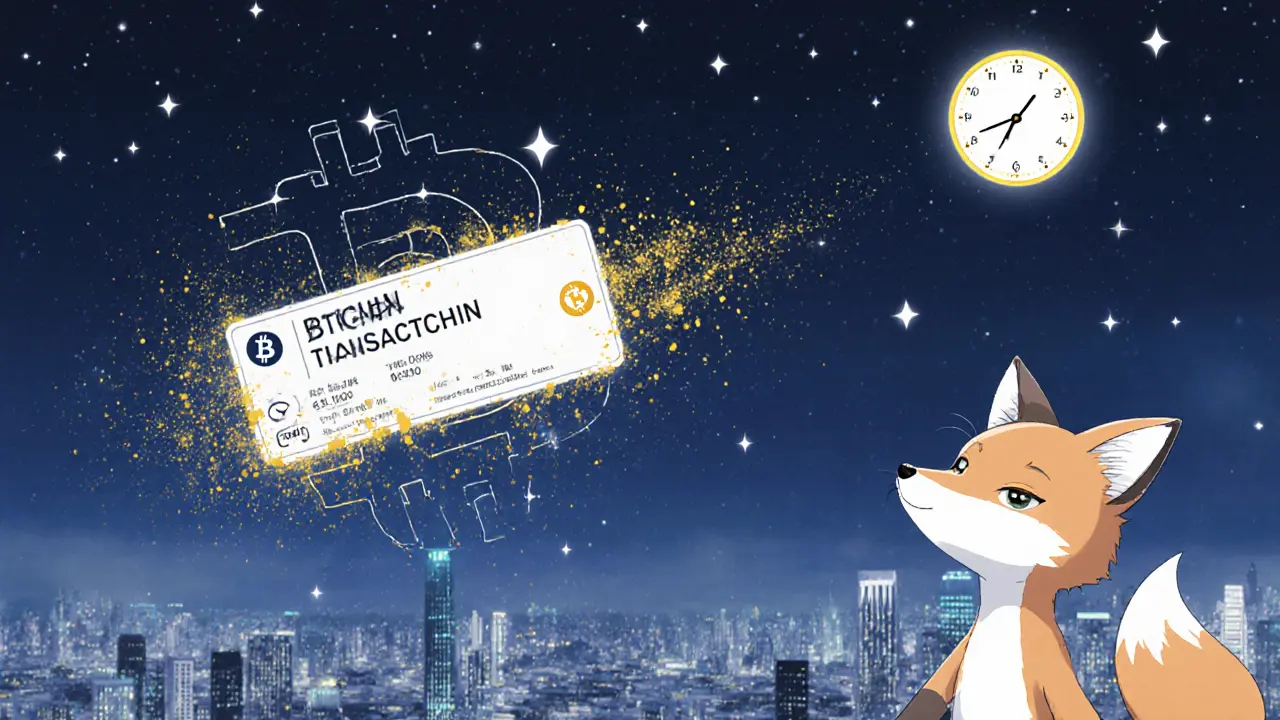 A forgotten Bitcoin transaction dissolves into golden dust under a starry blockchain sky.