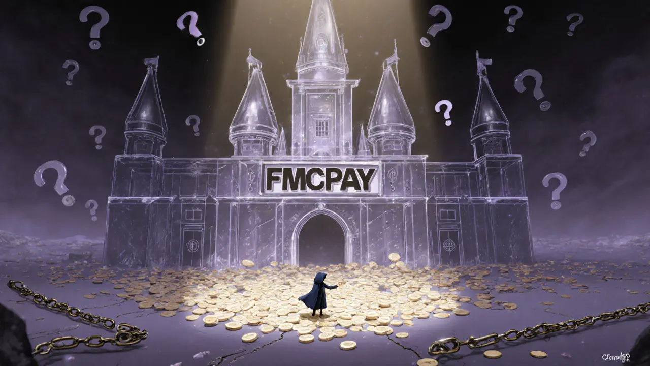 A fragile digital castle with coins vanishing into darkness, a lone figure reaching for one.