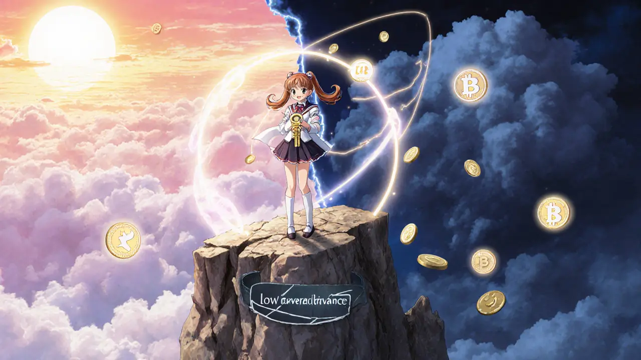 A girl holds the RAM token as a magical key, standing on a cliff with opposing skies of hope and risk.