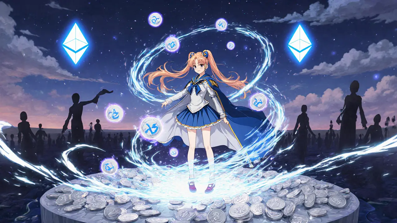 A girl in a futuristic robe summoning LUSD orbs that turn into ETH shards in a glowing stability pool.