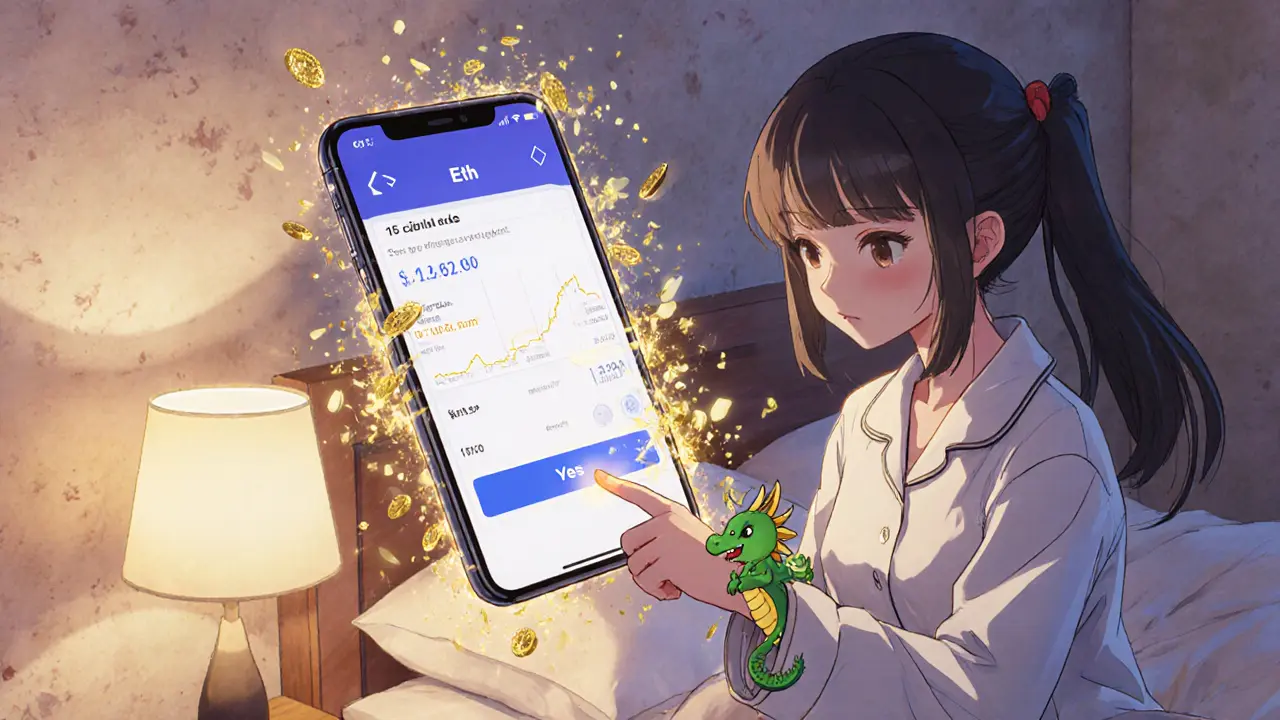 A girl tapping a yes/no button on a floating app as a blockchain dragon curls around her wrist, surrounded by reward particles.