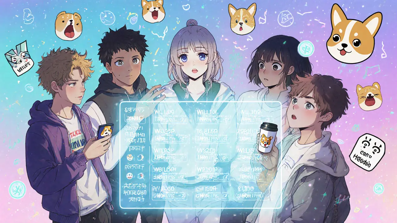 A group of friends watch a holographic WELSH price chart, with corgi memes and coffee cups in a pastel neon-lit scene.