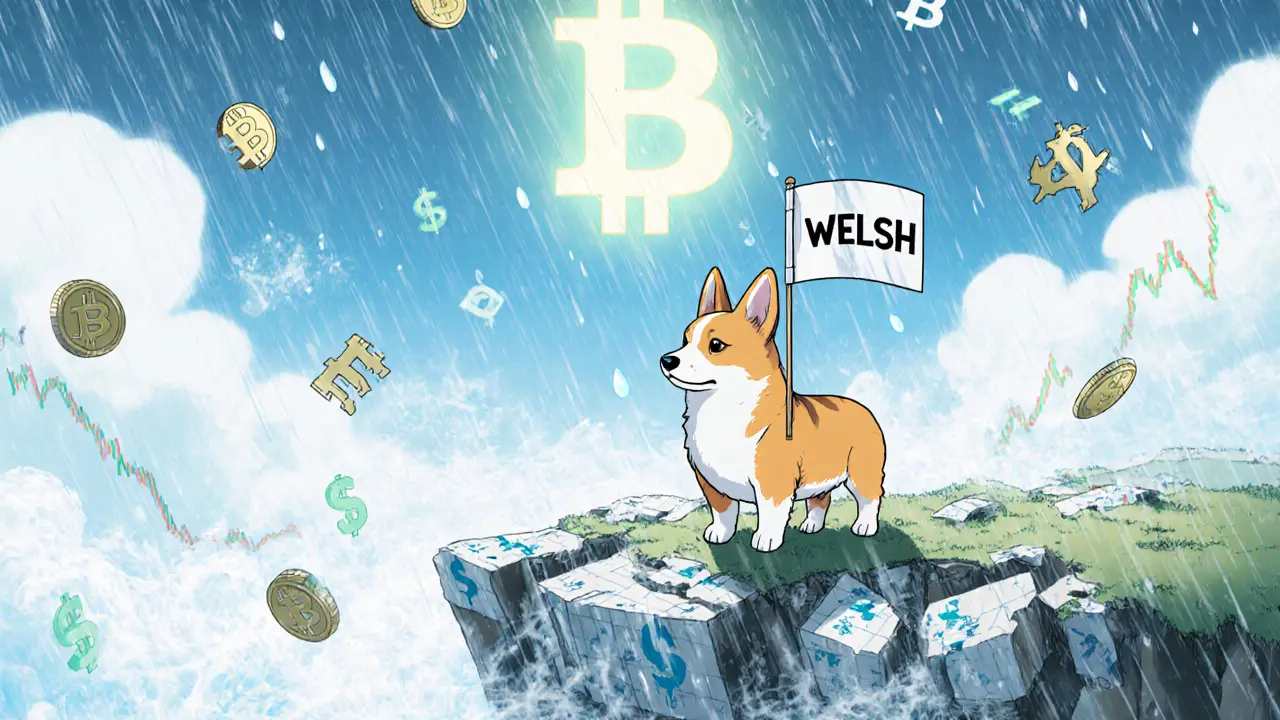 A lone corgi stands on a cliff of falling crypto charts, holding a WELSH flag as coins rain down in a melancholic anime scene.