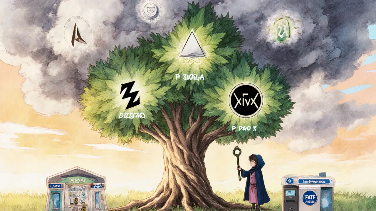 A mystical tree with blockchain leaves glows under threat of regulatory storm, a child holds a key labeled &#039;Zero-Knowledge Proof&#039;.
