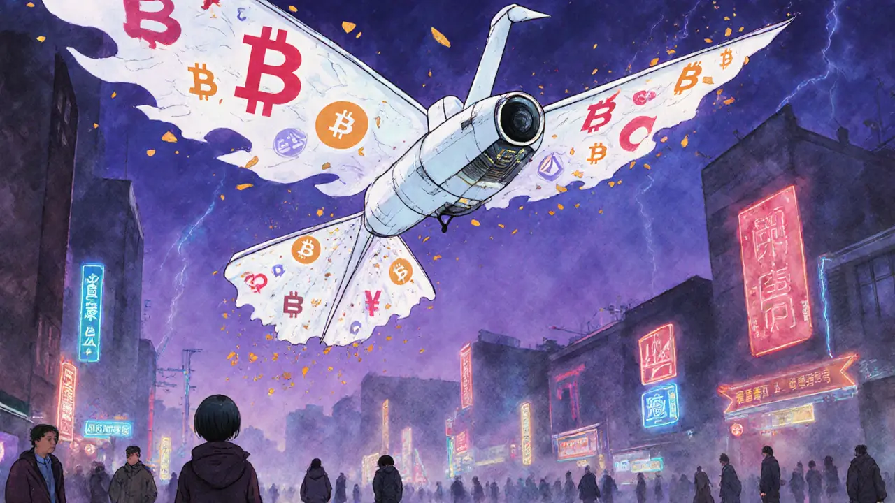 A paper crane AI drone erases crypto symbols over Beijing while citizens walk under Digital Yuan signs.