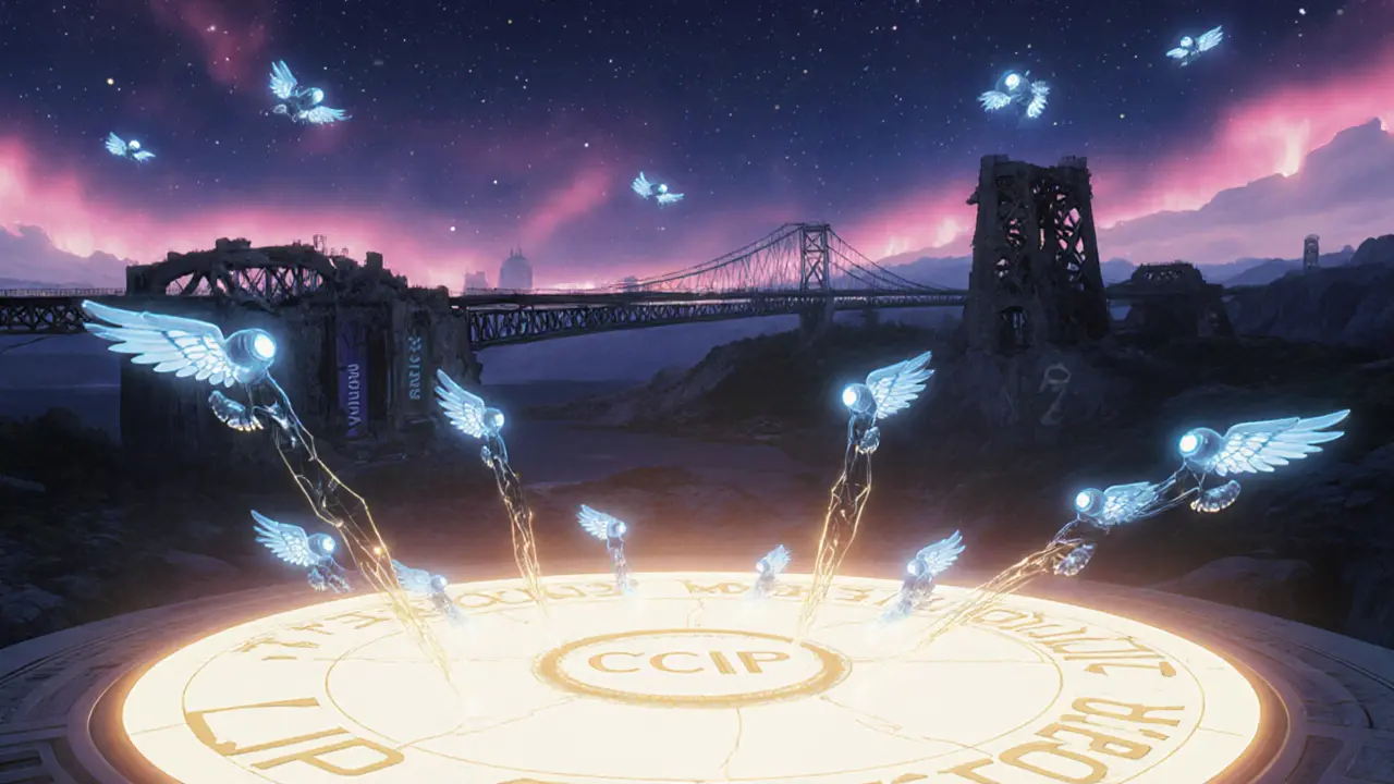 A protective circle of glowing oracles above a secure bridge, while AI owls scan for threats under a starry pink sky.