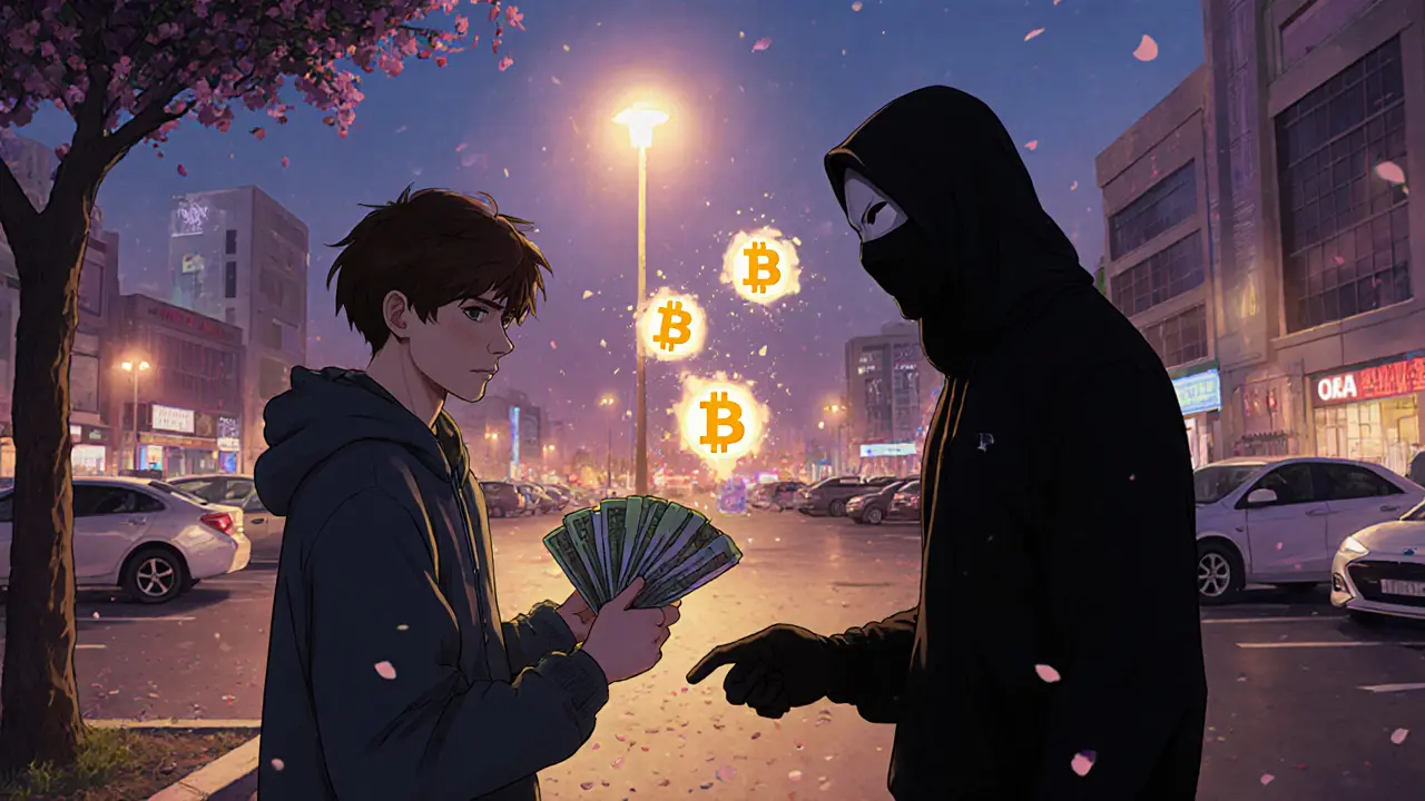 A secret crypto exchange in a Cairo parking lot, with cash changing hands as digital tokens shimmer in the air under a streetlamp.