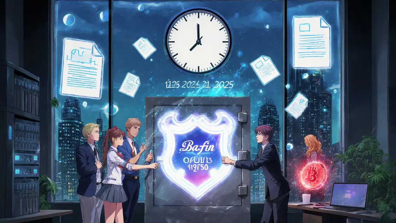 A team seals a crypto vault with a BaFin sigil as holograms of security measures float around them in anime style.